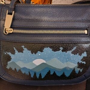 MK Custom Navy Blue Leather Crossbody Bag with Mountain Design